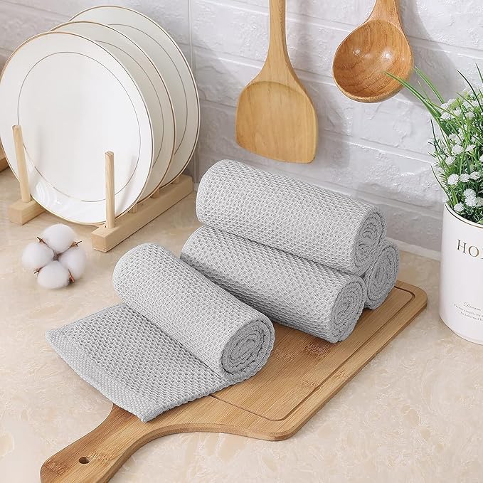 Kitinjoy 100% Cotton Kitchen Towels and Dishcloths Set, 8 Pack Waffle Weave Dish Towels Ultra Soft Absorbent Quick Drying Dish Rags, 13 x 28 Inch and 12 X 12 Inch, Light Grey