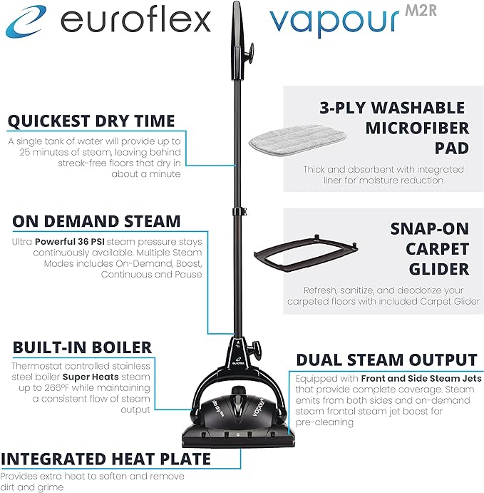 Euroflex Vapour 9-Piece Steam Mop; Ultra Dry Steam Technology; Commercial-Grade 295°F & 50 PSI; Designed & Engineered in Italy; Safe for Steam Cleaning Hardwood & Luxury Vinyl Plank; 5 Year Warranty