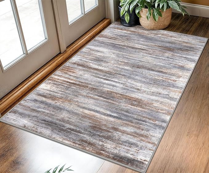 KOZYFLY Modern Abstract 3x5 Area Rug Washable Bedroom Rug Grey Brown, Throw Entry Mat Non-Slip Stain Resistant Carpet Dining Room Rug with Soft Low Pile for Living Room Kitchen Bath Office