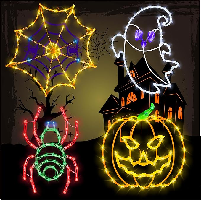 16" Halloween Window Silhouette Lights Decorations - 4 Pack Colour Lighted Spider Web ＆ Pumpkin ＆ Ghost ＆ Spider for Holiday Indoor and Outdoor Wall Door Window Decorate