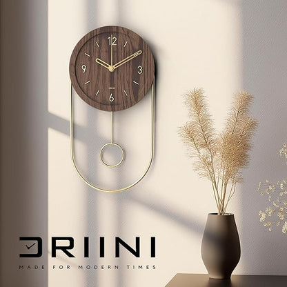 Driini Decorative Wall Clock with Pendulum (Dark) – Modern Wood, 3D Gold Numbers, Metal Frame – Small, Unique Wall Clocks for Living Room Decor or Bathroom - Battery Operated, Silent, Non-Ticking