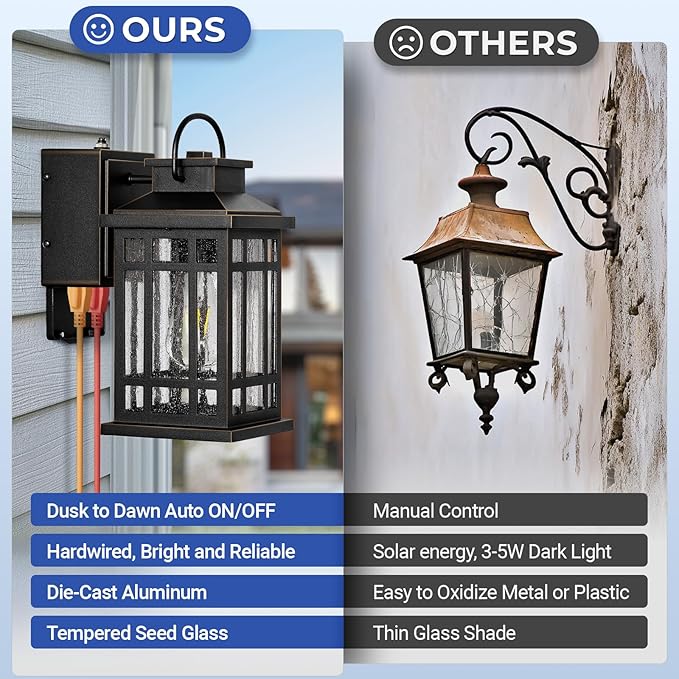 2-Pack Outdoor Wall Light with GFCI Outlet, Black Exterior Lighting Fixtures with Gold Trim, Dusk to Dawn Outdoor Lights for House Garage Coach, Outside Light with Outlet, Aluminum, Hardwired