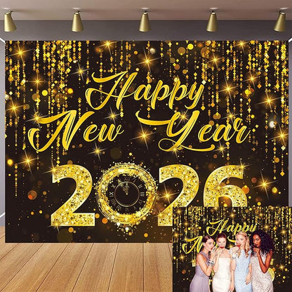 2026 Happy New Year Backdrop Black Gold New Years Eve Photography Background Gold Glitter Backdrop for 2026 New Year Party Decorations (7x5FT（210x150cm）)