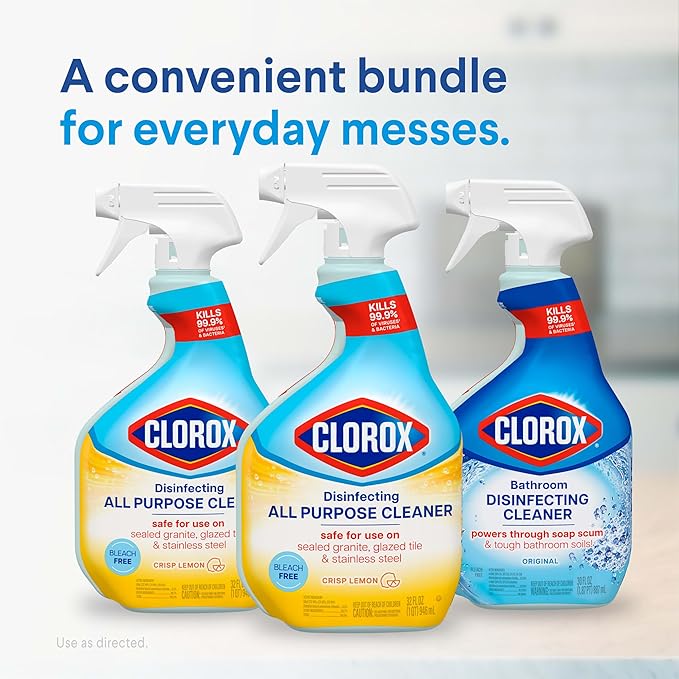 CLOROX Disinfecting All-Purpose Cleaner 32 Oz and Disinfecting Bathroom Cleaner, Household Essentials, 30 Oz, Pack of 3