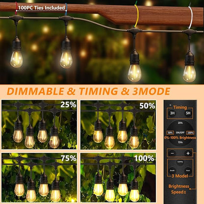 100FT LED Outdoor String Lights with 60+4 Waterproof Bulbs(𝟏.𝟓𝐅𝐓 𝐁𝐮𝐥𝐛𝐥𝐬 𝐒𝐩𝐚𝐜𝐢𝐧𝐠), Remote & Dimmer, Commercial Grade Patio Lights with 3 Mode Light & Timing, 100PC Ties