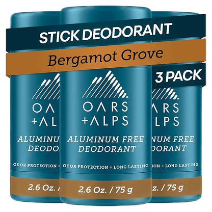 Oars + Alps Aluminum Free Deodorant for Men and Women, Dermatologist Tested and Made with Clean Ingredients, Travel Size, Bergamot Grove, 3 Pack, 2.6 Oz Each