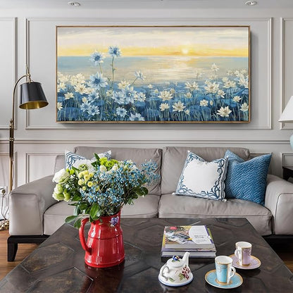 amatop Extra Large Wall Art for Living Room Modern Framed Coastal Beachy Canvas Wall Art Big Floral Sunrise Blue Wall Picture Oversized Lake Nature Sunset Artwork for Office Bedroom Decor 58"x29"