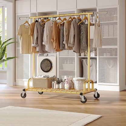 Raybee Heavy Duty Clothes Rack, Gold Clothing Racks for Hanging Heavy Clothes 200+, Rolling Clothing Rack Load 485 LBS, Extendable & Adjustable Portable Commercial Garment Rack with Wheels, Gold