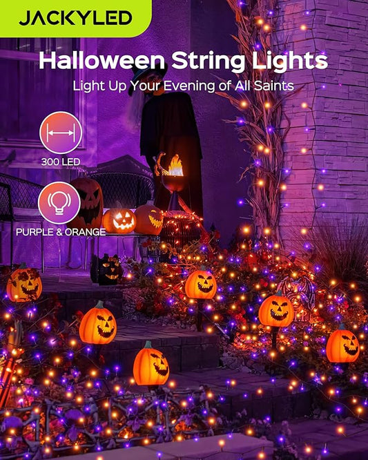 JACKYLED 300LED Purple & Orange Halloween Lights, 109FT Outdoor String Lights Connectable, Memory Function, 8 Modes Indoor Halloween Decorations for Party Carnival Supplies, Outdoor Yard Garden Decor