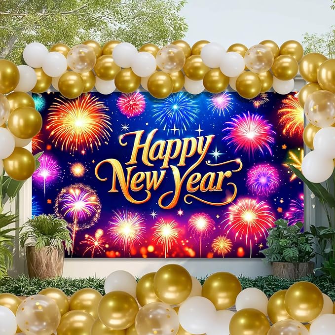 Happy New Year Banner 2026 71 x 43 Inch Fireworks Photo Backdrop Colorful New Year Eve Party Wall Decoration Banner for Indoor Outdoor Celebration Home Event Decor