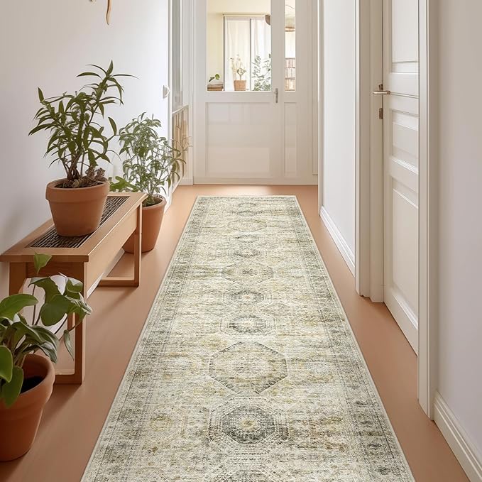 Rug Runners for Hallways Non Slip - 2x8 Runner Rug for Bedroom, Washable Runner with Rubber Backing, Soft Low-Pile Carpet for Kitchen, Laundry, Bathroom (2'x8', Grey/Yellow)