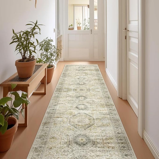 Rug Runners for Hallways Non Slip - 2x8 Runner Rug for Bedroom, Washable Runner with Rubber Backing, Soft Low-Pile Carpet for Kitchen, Laundry, Bathroom (2'x8', Grey/Yellow)