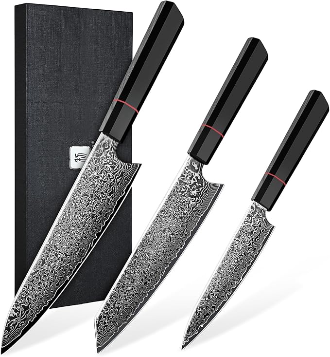 TIVOLI Damascus Knife Set 3PCS, Japanese Kitchen Knife With VG10，Ultra Sharp Cooking Knife Set With Octagonal Handle，Professional Chef Knives Set for Meat Vegetable Fruit, Ideal Gift for Dad，Mom