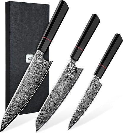TIVOLI Damascus Knife Set 3PCS, Japanese Kitchen Knife With VG10，Ultra Sharp Cooking Knife Set With Octagonal Handle，Professional Chef Knives Set for Meat Vegetable Fruit, Ideal Gift for Dad，Mom