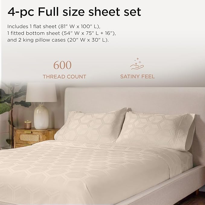 Threadmill 100% Cotton Sheets for Full Size Bed - 600 Thread Count Full Bed Sheets Set with 16” Deep Pocket - Jacquard Sateen Weave 4-Piece Bedding Set with Cooling Effect, Beige