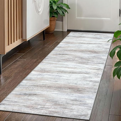 KOZYFLY Modern Abstract Kitchen Runner Rug, 2x5 Washable Rug Runner Non-Slip Soft Striped Hallway Runner Rugs, Beige Print Carpet Runner for Entryway Bathroom Laundry Room Foyer