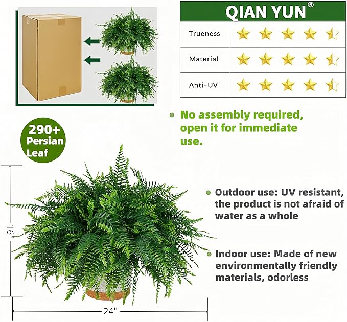 QIANYUN Fake Outdoor Plants-30inch Artificial Ferns UV Resistant Fake Ferns for Bedroom Living Room Garden Outdoor Indoor Decor- Including Planters (Green-03)