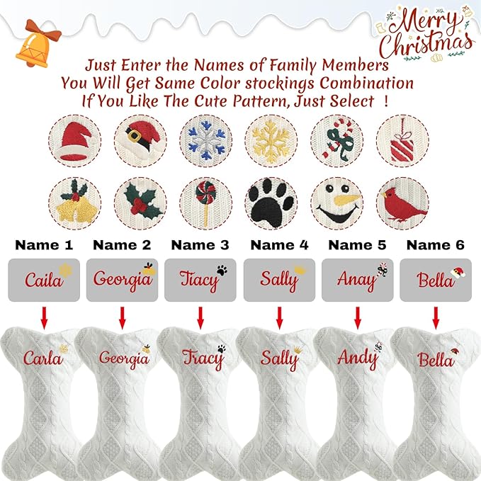 Personalized Christmas Stockings for Dogs,Custom Embroidered Name+Logo Xmas Knitted Bone Stockings,Holiday and Family Stocking for Fireplace Christmas Holiday Party Decoration 1-6Pack（White）