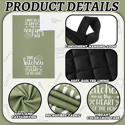 Sratte 6 Pcs Kitchen Decor Accessories Set Farmhouse Towels Pot Holders Oven Mitts Set 2 Dish Towels 2 Potholders 2 Cooking Mittens Oven Glove for Christmas Baking Cooking Supply(Green,Kitchen)