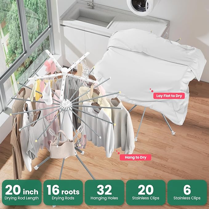 Clothes Drying Rack Foldable, 4-Legged Laundry Drying Rack Collapsible, Clothing Drying Rack with 4 Pulleys, 3-Tier Collapsible Drying Racks for Laundry and Shoes