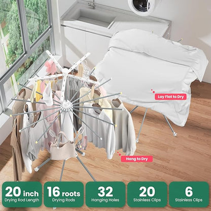 Clothes Drying Rack Foldable, 4-Legged Laundry Drying Rack Collapsible, Clothing Drying Rack with 4 Pulleys, 3-Tier Collapsible Drying Racks for Laundry and Shoes