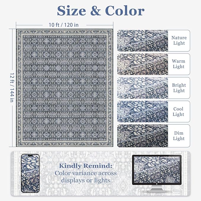 Dark Blue Big Rug 10x12, Carpet Large Size 10x12 for Living Room Bedroom, Washable Non Slip Low Pile Thin Room Rug for Dining Room Family Room, Transitional Moroccan Floral Trellis