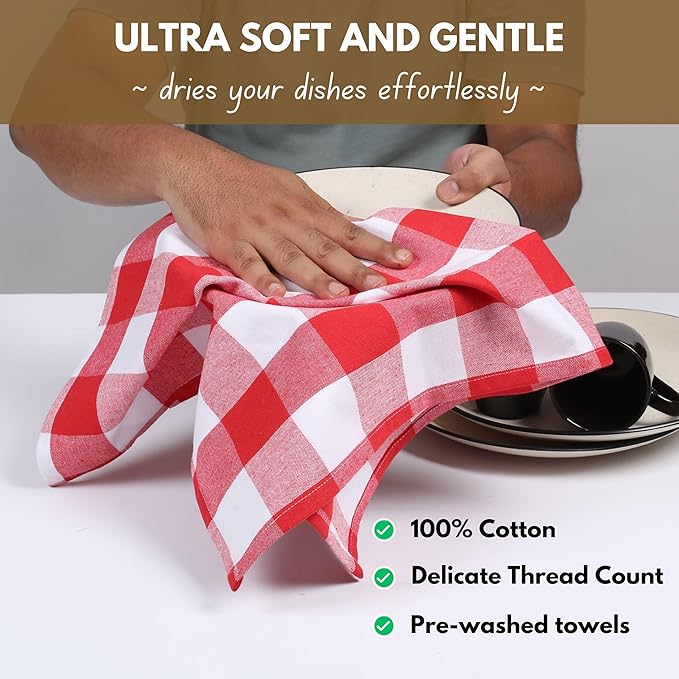 Native Fab 4-Pack Kitchen Towel with Hanging Loop 16x26 inches, Cotton Buffalo Check Kitchen Towels for Cleaning Drying, Washcloths Soft & Absorbent Cloth Rags, Bar Towel, Dish Cloth, Red