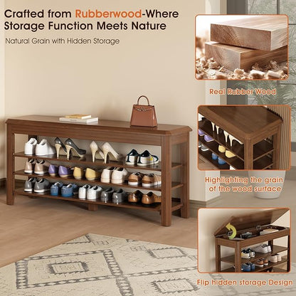 Shoe Rack Bench Seat Rubberwood 3-Tier Wooden Storage Bench 550lbs Compact Mid-Century Modern Design for Entryway, Hallway, Closet, Front Door Entrance, Foyer