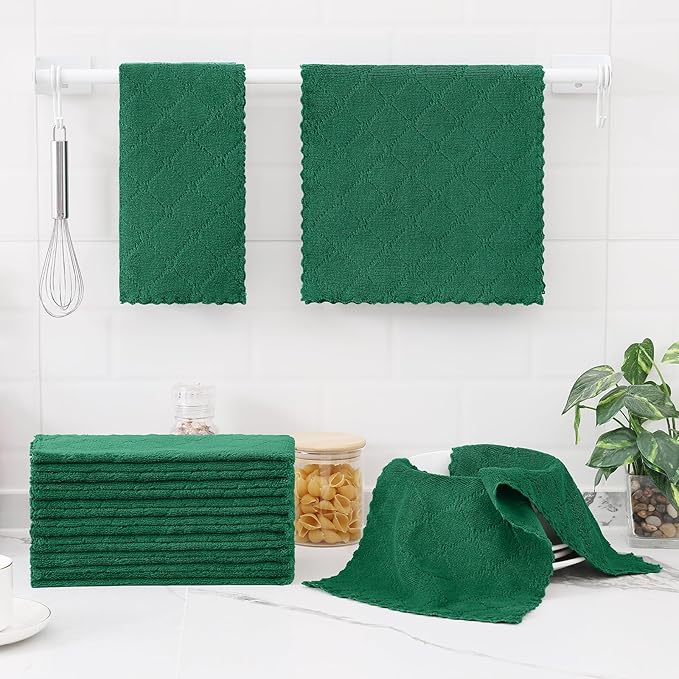 Homaxy 12 Pack Dish Towels for Kitchen (10 x 20 Inches, Dark Green), Super Soft and Absorbent Coral Velvet Dish Cloths for Washing Dishes, Nonstick Oil Fast Drying Microfiber Cleaning Cloth