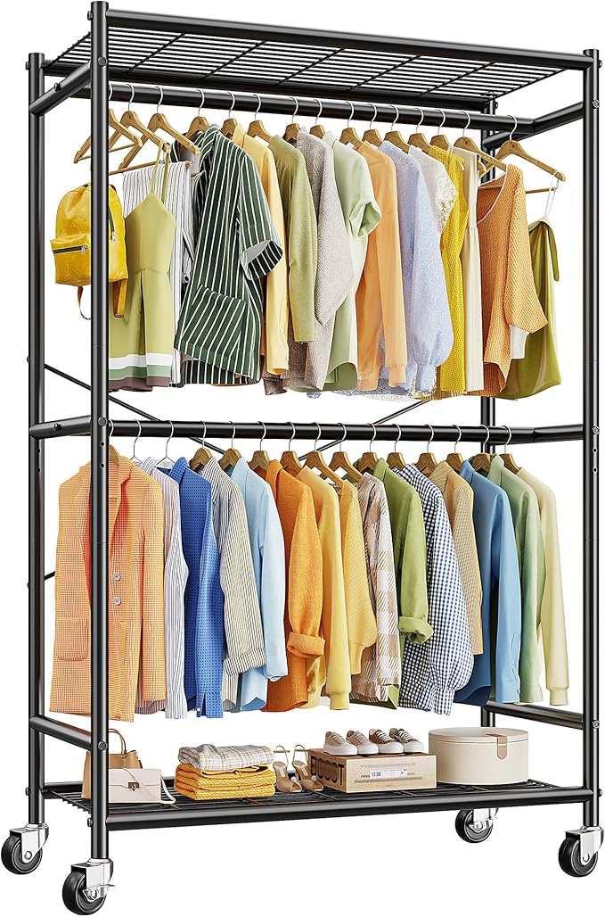 Raybee 80.32" H Clothes Rack,Rolling Clothing Racks for Hanging Clothes Heavy Duty Portable Garment Rack with Wheels 35.4" Wx15.75 Dx80.32 H,Black