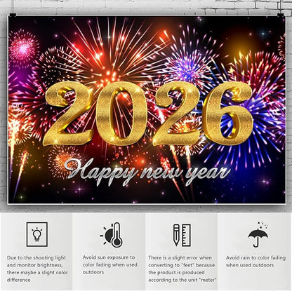 YongFoto 2026 Happy New Year Backdrop 10x8ft Glorious Night Sky Fireworks Photography Background Christmas Night Festival Carnival Family Party Banquet Decor Banner Photoshoot Wallpaper Photo Booth