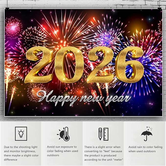 YongFoto 2026 Happy New Year Backdrop 8x6ft Glorious Night Sky Fireworks Photography Background Christmas Night Festival Carnival Family Party Banquet Decor Banner Photoshoot Wallpaper Photo Booth