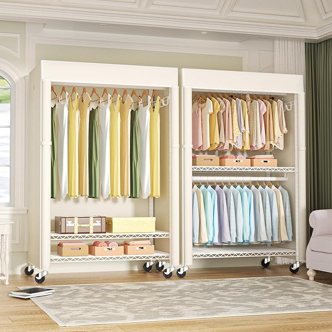 White Clothing Rack with Beige Cover, P1C Plus Rolling Closet with Wheels, Metal Garment Rack for Hanging Clothes, Clothing Storage Wardrobe, 46" W x 18.5" D x 80.7" H, Load 524 Pounds