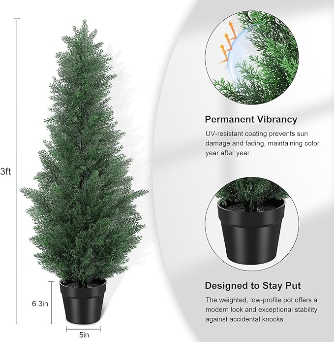 3FT Artificial Cedar Tree - Realistic Faux Cedar Trees for Outdoor Planters - Fake Cypress Trees for Front Porch - Faux Evergreen Plants for Home Porch Decor - Set of 2