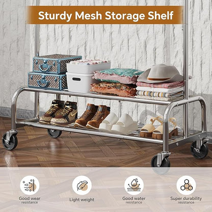 Simple Trending Heavy Duty Clothes Clothing Rack for Hanging, Rolling Garment Rack with Shelves Load 500 LBS, Chrome
