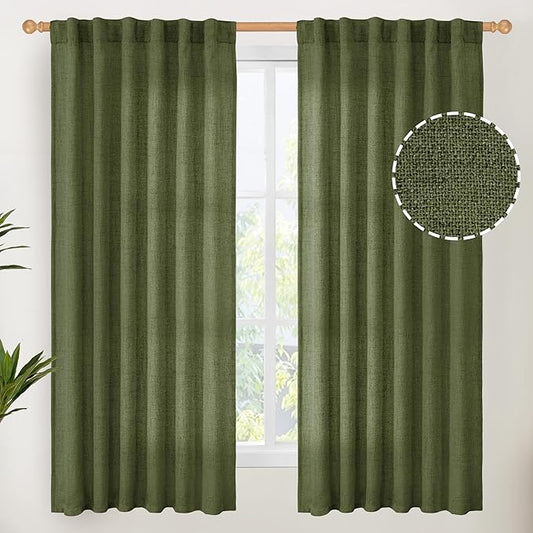 YoungsTex Olive Green Linen Curtains 63 Inch Length for Living Room, Light Filtering Textured Drapes with Rod Pocket/Back Tab Semi Sheer Window Treamtments for Bedroom, 2 Panels, 52 X 63 Inch