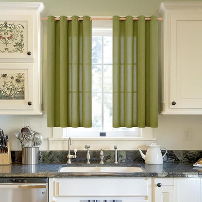 YoungsTex Olive Green Curtains 40 Inches Length for Short Window - Linen Textured Drapes Privacy Light Filtering with Bronze Grommet for Kitchen/Cafe/Country Decorative Privacy, 42 x 40 Inch, 2 Panels