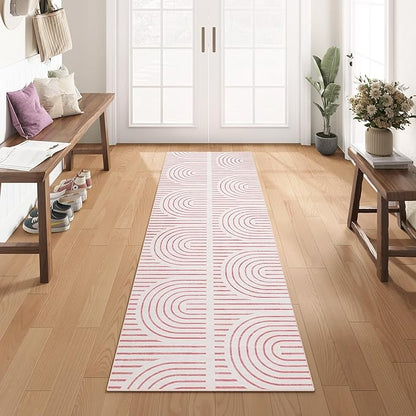 2x6 Washable Pink Runner Rugs for Kitchen, Soft Abstract Rainbow Boho Rug for Bedroom Bedside Laundry Room Bathroom,Modern Non Slip Low Pile Floor Mat