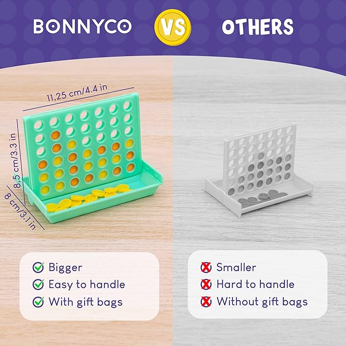 BONNYCO 4 in a Row Pack of 16 Birthday Party Favors for Kids Age 5-12. Classroom Prizes for Students, Bulk Gifts, Mini Travel Board Games and Toys, Goodie Bags and Pinata Stuffers