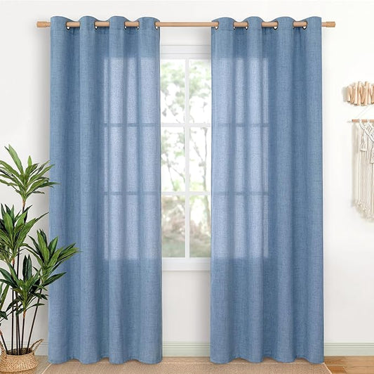 YoungsTex Denim Blue Linen Semi Sheer Curtains 80 Inch Length for Living Room, Light Filtering Window Drapes with Bronze Grommet Privacy for Dining Bedroom, 52 x 80 Inch, 2 Panels