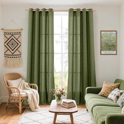 YoungsTex Olive Linen Curtains 90 Inch Length 2 Panels for Living Room, Dark Green Semi Sheer Drapes with Bronze Grommet Extre Long Window Treatments for Bedroom Dining, 52 X 90 Inch