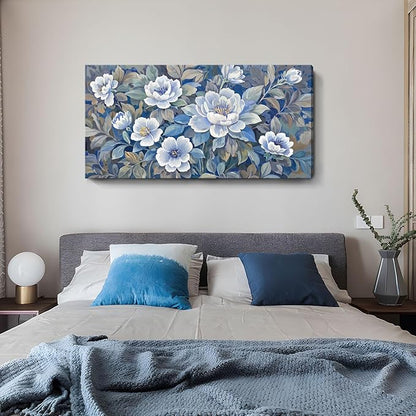ARTZON Large Wall Art for Living Room Botanical Flower Canvas Print Blue and White Grey Floral Peony Artwork Modern Spring Leaf Plant Picture Home Women Bedroom Dining Room Office Decor 48x24 Inch