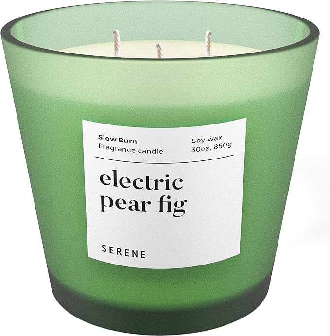 Hidden Label Large Scented Candle, Electric Pear Fig, 30oz 3 Wick Huge Candle, Serene Collection Slow Burn Natural Soy Candles for Home Scented