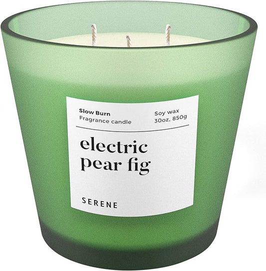 Hidden Label Large Scented Candle, Electric Pear Fig, 30oz 3 Wick Huge Candle, Serene Collection Slow Burn Natural Soy Candles for Home Scented