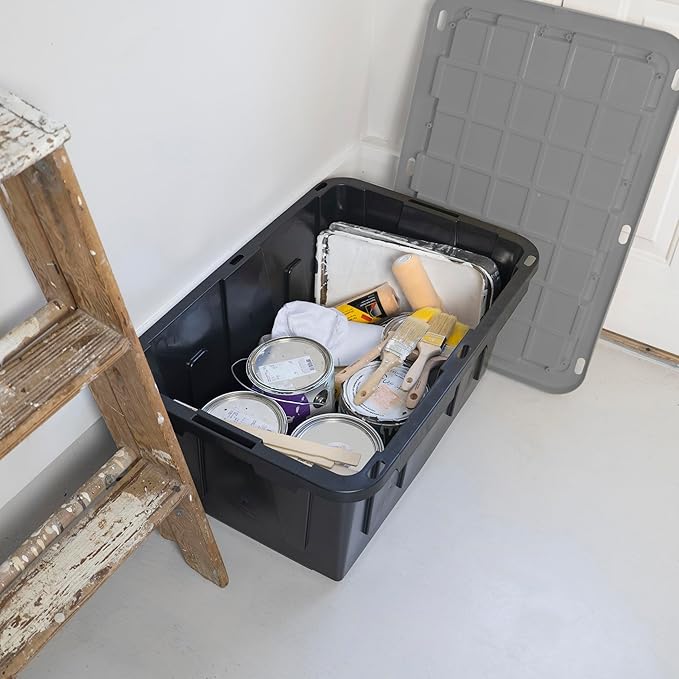 CX BLACK & YELLOW, 27-Gallon Heavy Duty Tough Storage Container & Snap-Tight Lid, Black and Grey, (14.3H x 20.6W x 30.6D), Weather-Resistant Design and Stackable Organization Tote [4 Pack]