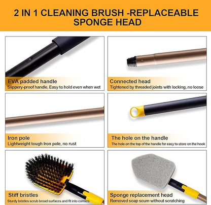 Yocada Tub Tile Scrubber Brush 2 in 1 Cleaning Brush 58.2 Inch Adjustable Telescopic Pole Stiff Bristles Scouring Pads for Cleaning Bathroom Kitchen Toilet Wall Tub Tile Sink Non Scratch