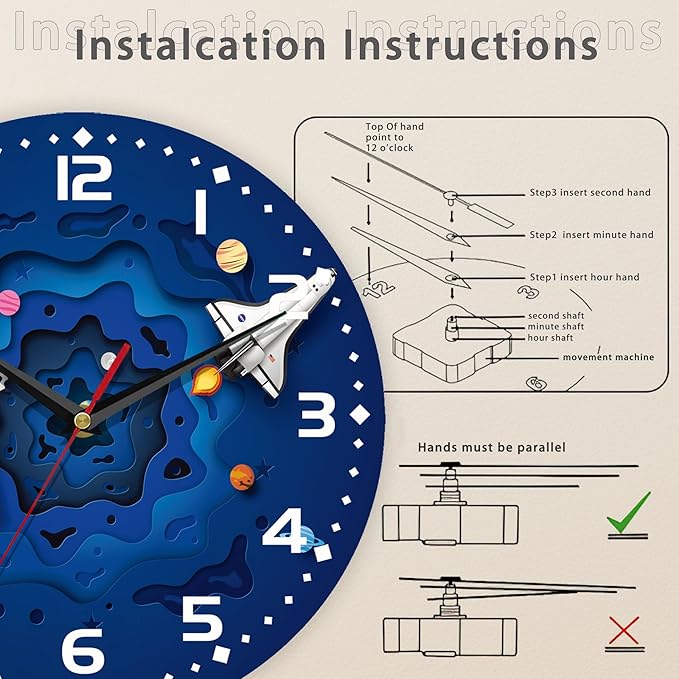 Space Travel Style Wall Clock Vintage Wooden Wall Clock Silent Non-Ticking Battery Operated Arabic Numerals Wall Clocks Decorative for Kitchen, Office, Classroom 10 Inch
