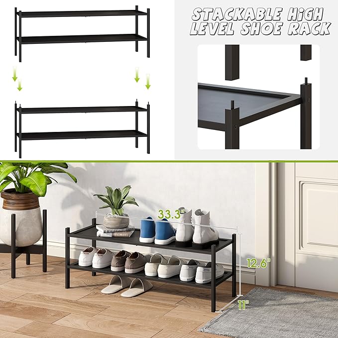 BMOSU 2-Tier Bamboo Extended Shoe Rack Premium Stackable Shoe Shelf Storage Organizer for Hallway Closet Living Room Entryway Organizer(Black)