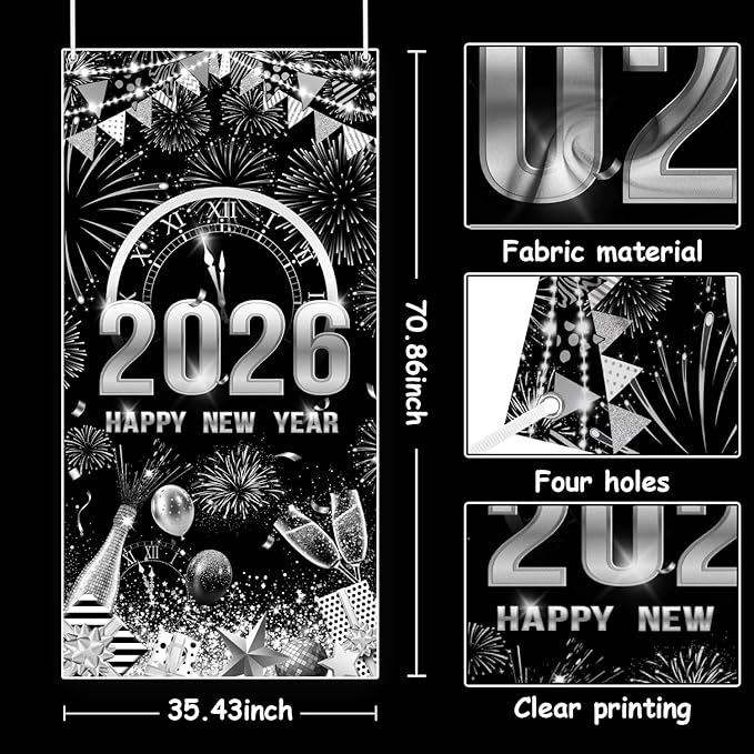 MEHOFOND 2026 Happy New Year Door Cover, Black and Silver New Year Front Door Party Decorations, Cheers to 2026 Hello 2026 Fireworks Champagne Balloon Decor Holiday Party Photo Booth Props
