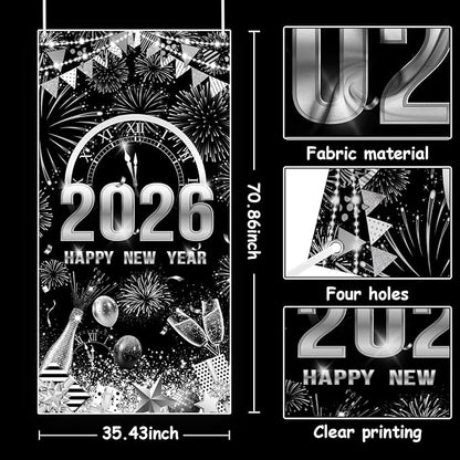 MEHOFOND 2026 Happy New Year Door Cover, Black and Silver New Year Front Door Party Decorations, Cheers to 2026 Hello 2026 Fireworks Champagne Balloon Decor Holiday Party Photo Booth Props
